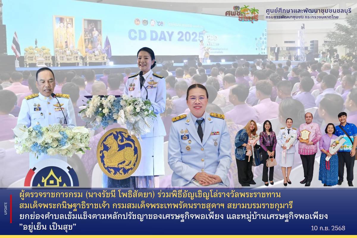 ผู้ตรวจราชการกรม (นางรัชนี โพธิสัตยา) ร่วมพิธีอัญเชิญโล่รางวัลพระราชทานสมเด็จพระกนิษฐาธิราชเจ้า กรมสมเด็จพระเทพรัตนราชสุดาฯ สยามบรมราชกุมารี ยกย่องตำบลเข้มแข็งตามหลักปรัชญาของเศรษฐกิจพอเพียง และหมู่บ้านเศรษฐกิจพอเพียง ”อยู่เย็น เป็นสุข” 