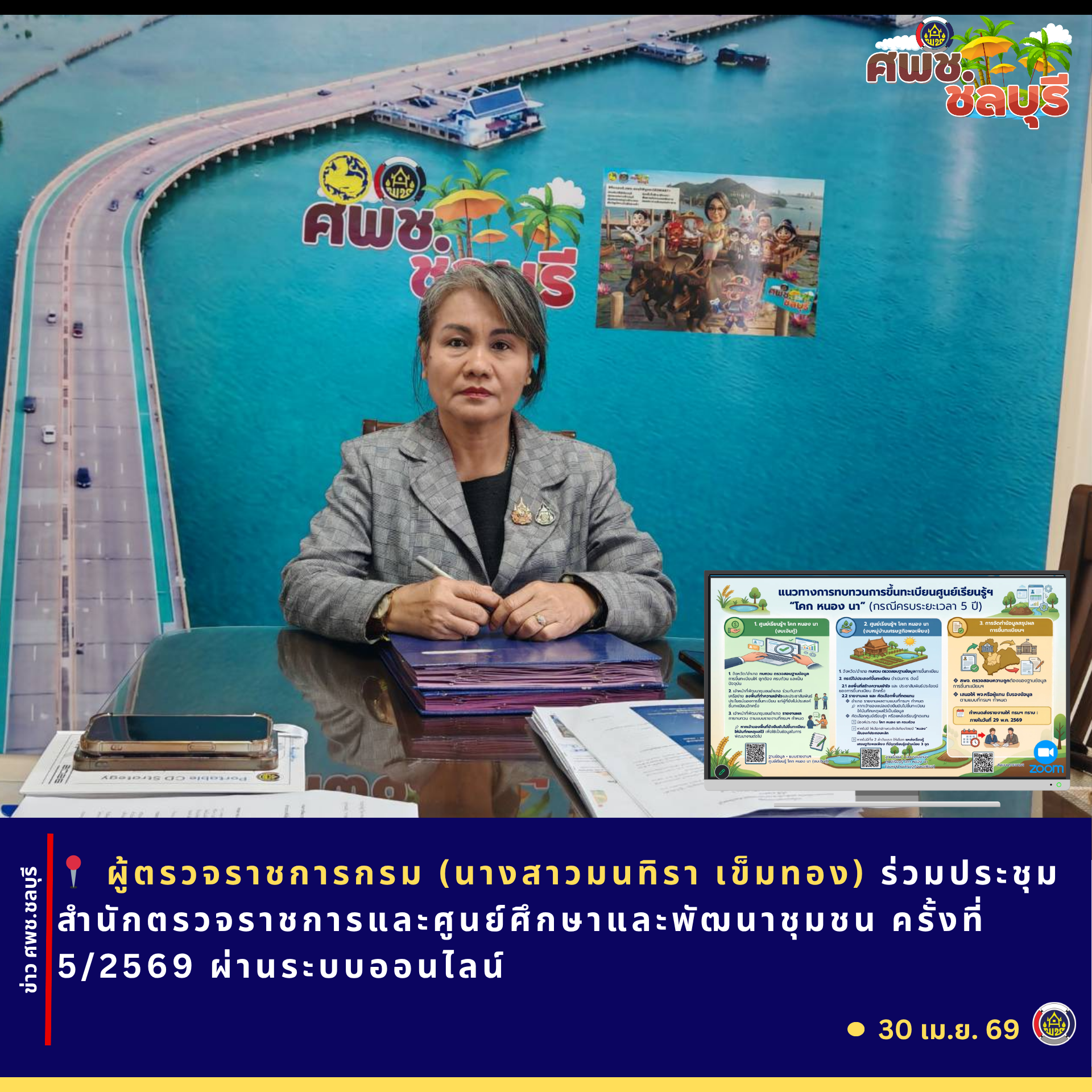 ศพช.ชลบุรีร่วมประชุมสำนักตรวจราชการและศูนย์ศึกษาและพัฒนาชุมชน ครั้งที่ 5/2569 ผ่านระบบออนไลน์