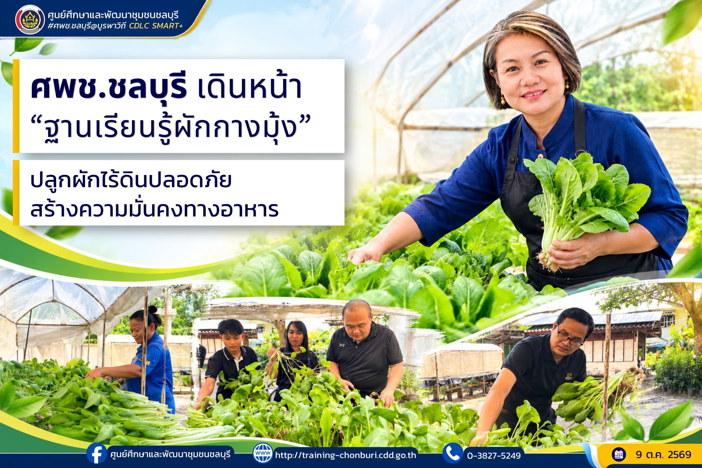 ศพช.ชลบุรี เดินหน้า “ฐานเรียนรู้ผักกางมุ้ง” ปลูกผักไร้ดินปลอดภัย สร้างความมั่นคงทางอาหาร